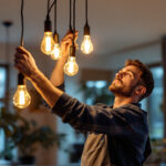 A photograph of capture a photograph of a skilled lighting contractor expertly installing a split 3-way lighting system in a modern home setting