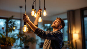 A photograph of capture a photograph of a skilled lighting contractor expertly installing a split 3-way lighting system in a modern home setting