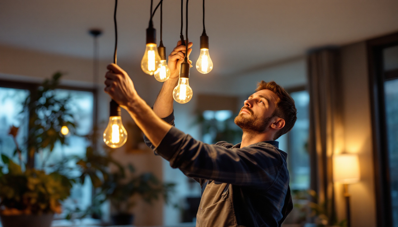 A photograph of capture a photograph of a skilled lighting contractor expertly installing a split 3-way lighting system in a modern home setting