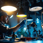 A photograph of a lighting contractor working on a complex installation