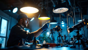 A photograph of a lighting contractor working on a complex installation