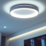 A photograph of a modern led ceiling fixture installed in a stylish interior setting