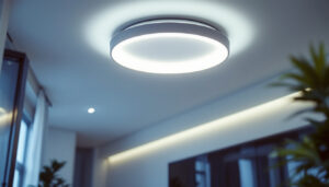 A photograph of a modern led ceiling fixture installed in a stylish interior setting