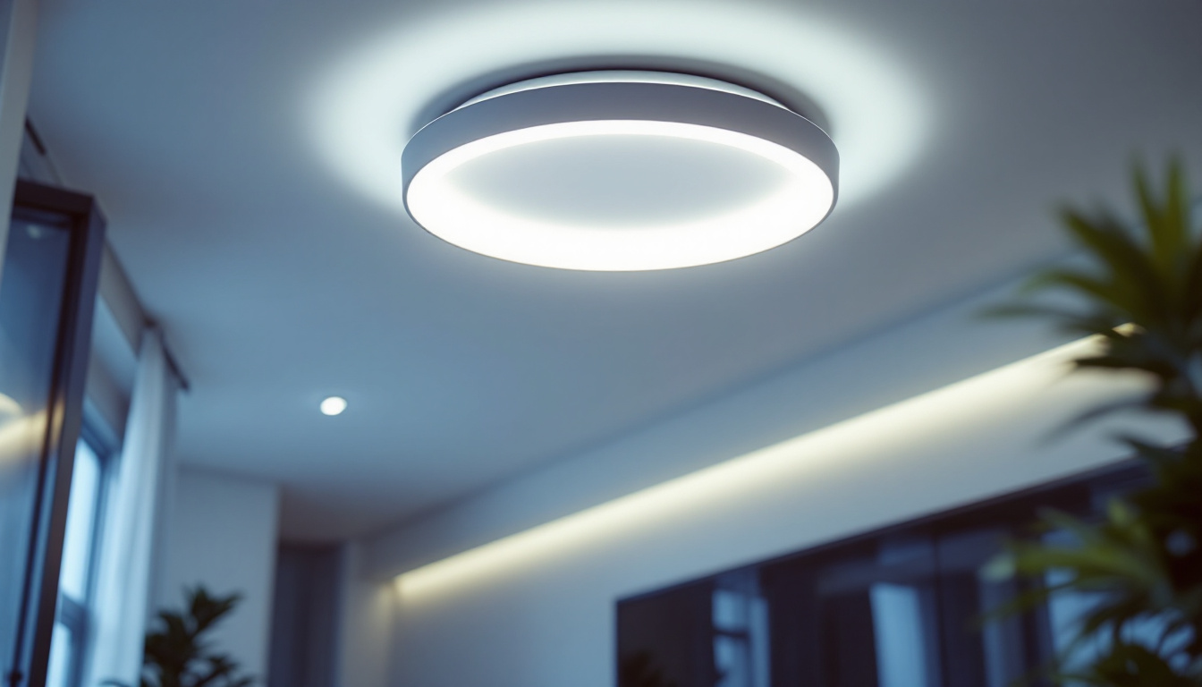 A photograph of a modern led ceiling fixture installed in a stylish interior setting