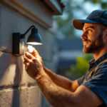 A photograph of a lighting contractor installing a motion sensor on an outdoor light fixture in a residential setting