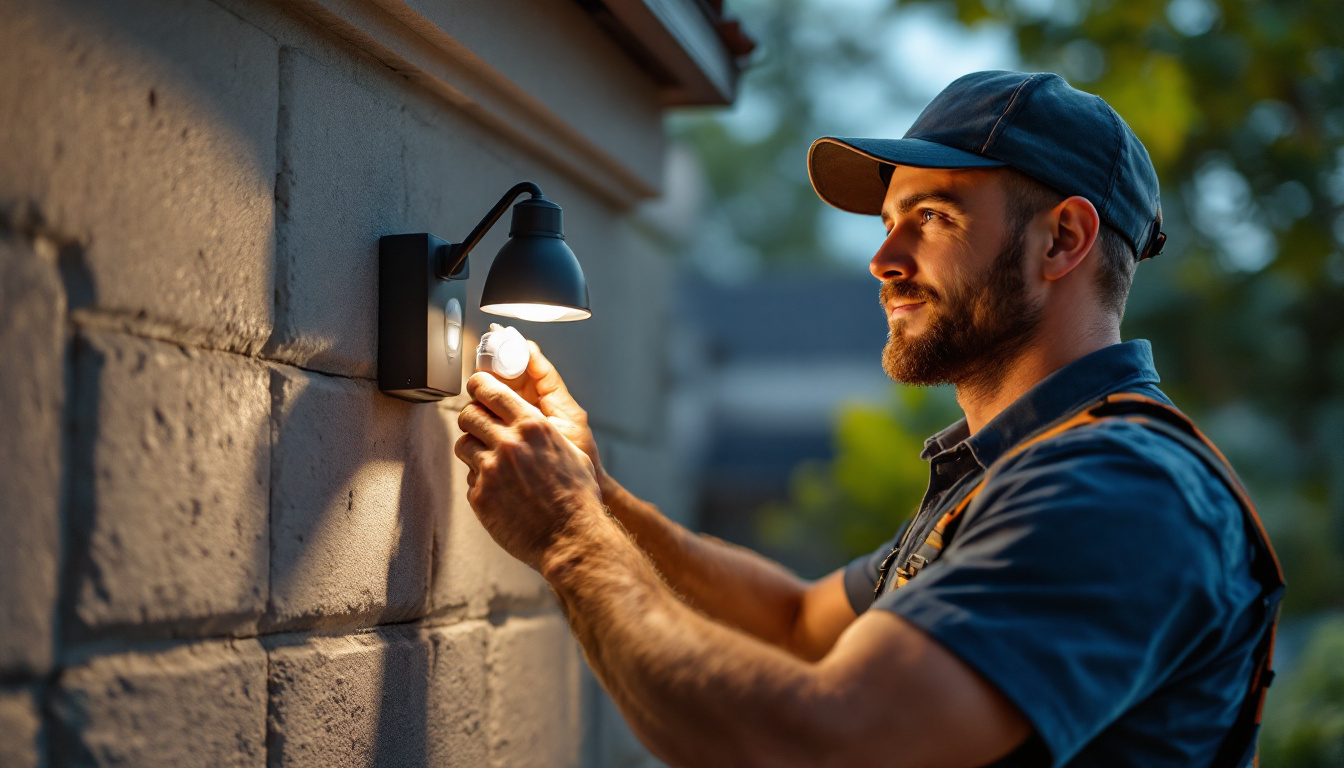 A photograph of a lighting contractor installing a motion sensor on an outdoor light fixture in a residential setting