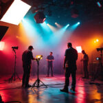 A photograph of a vibrant film set illuminated with dynamic lighting equipment