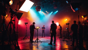 A photograph of a vibrant film set illuminated with dynamic lighting equipment
