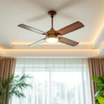 A photograph of a stylish and well-lit interior space showcasing a beautiful ceiling fan