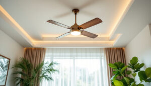 A photograph of a stylish and well-lit interior space showcasing a beautiful ceiling fan