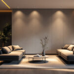 A photograph of a modern living space featuring angled recessed lighting that highlights energy-efficient design elements