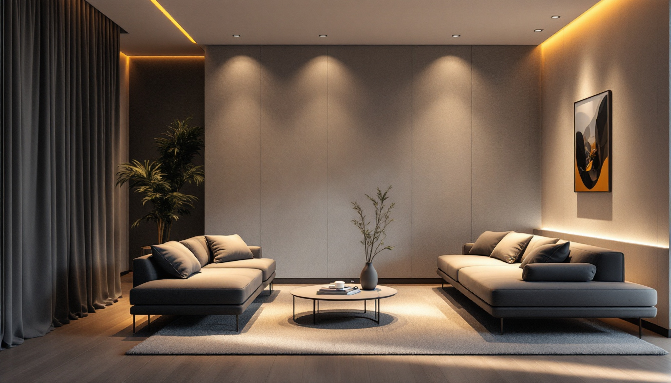 A photograph of a modern living space featuring angled recessed lighting that highlights energy-efficient design elements
