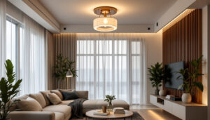 A photograph of a beautifully designed semi flush mount light fixture installed in a stylish living space
