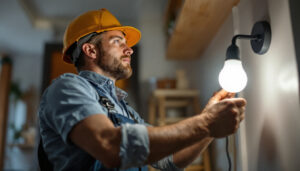 A photograph of a lighting contractor at work