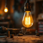 A photograph of a vintage light bulb glowing warmly in a dimly lit workshop