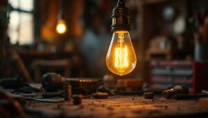 A photograph of a vintage light bulb glowing warmly in a dimly lit workshop
