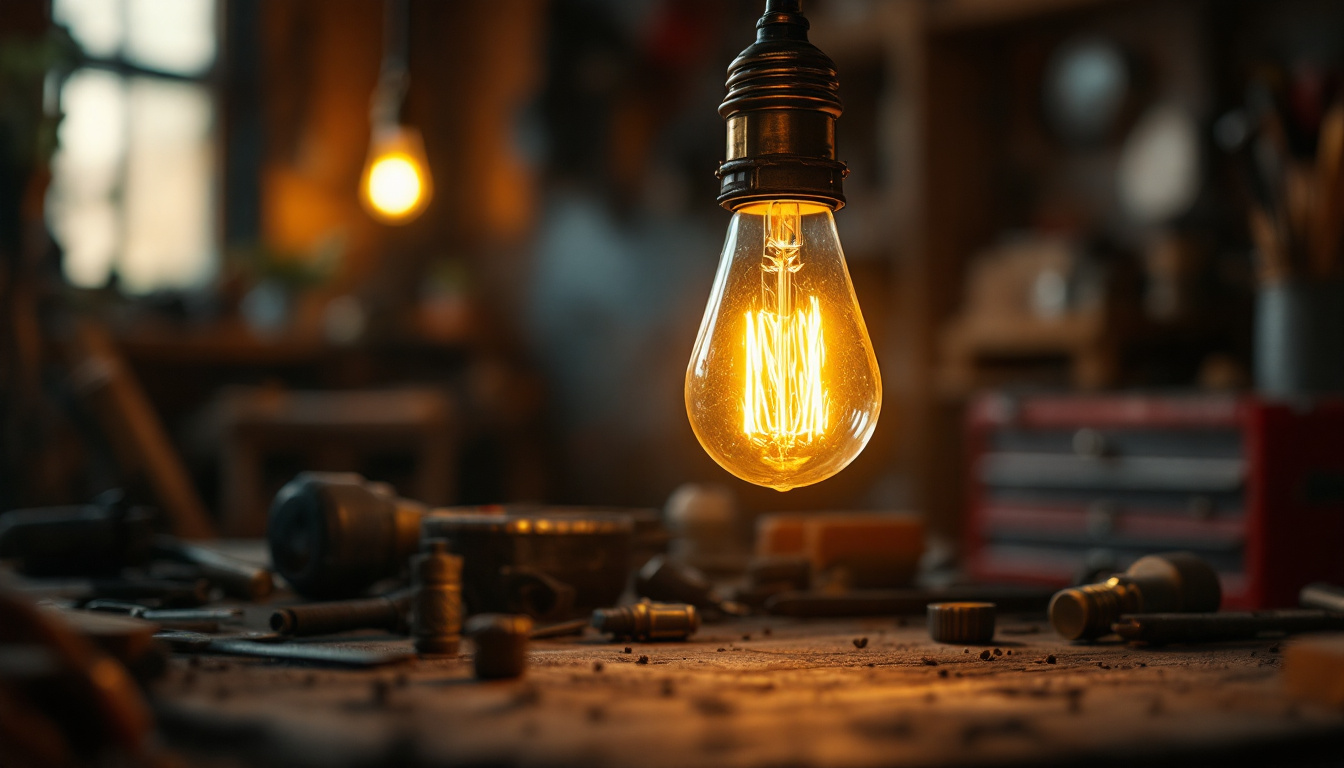 A photograph of a vintage light bulb glowing warmly in a dimly lit workshop