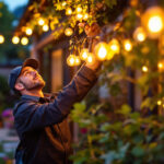 A photograph of a professional lighting contractor expertly installing exterior led string lights in a beautifully decorated outdoor space