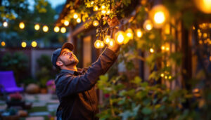 A photograph of a professional lighting contractor expertly installing exterior led string lights in a beautifully decorated outdoor space