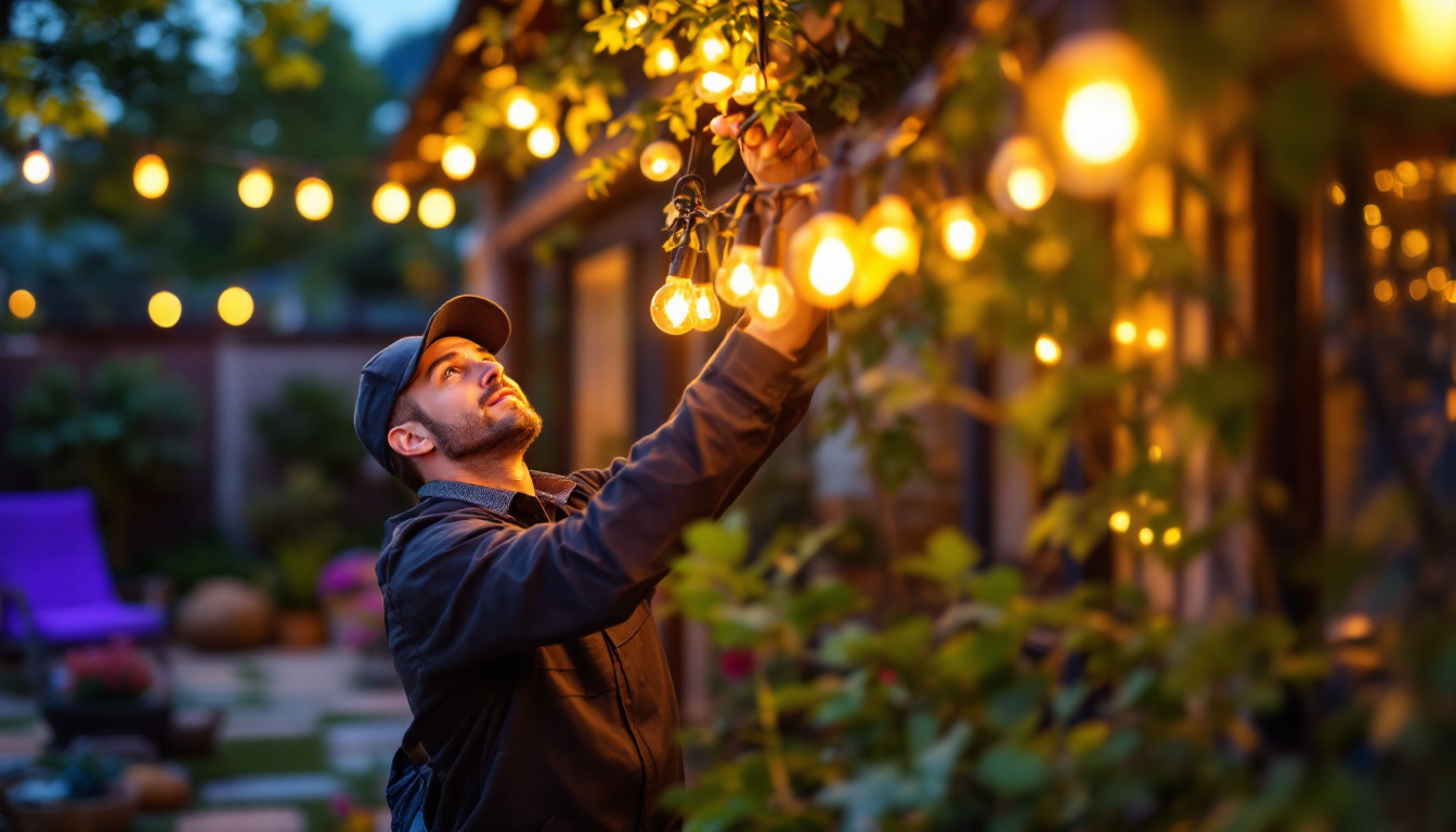 A photograph of a professional lighting contractor expertly installing exterior led string lights in a beautifully decorated outdoor space