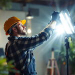 A photograph of a lighting contractor skillfully installing or adjusting various lighting fixtures in a well-lit