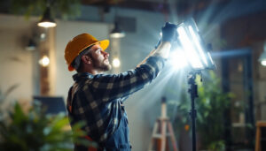 A photograph of a lighting contractor skillfully installing or adjusting various lighting fixtures in a well-lit