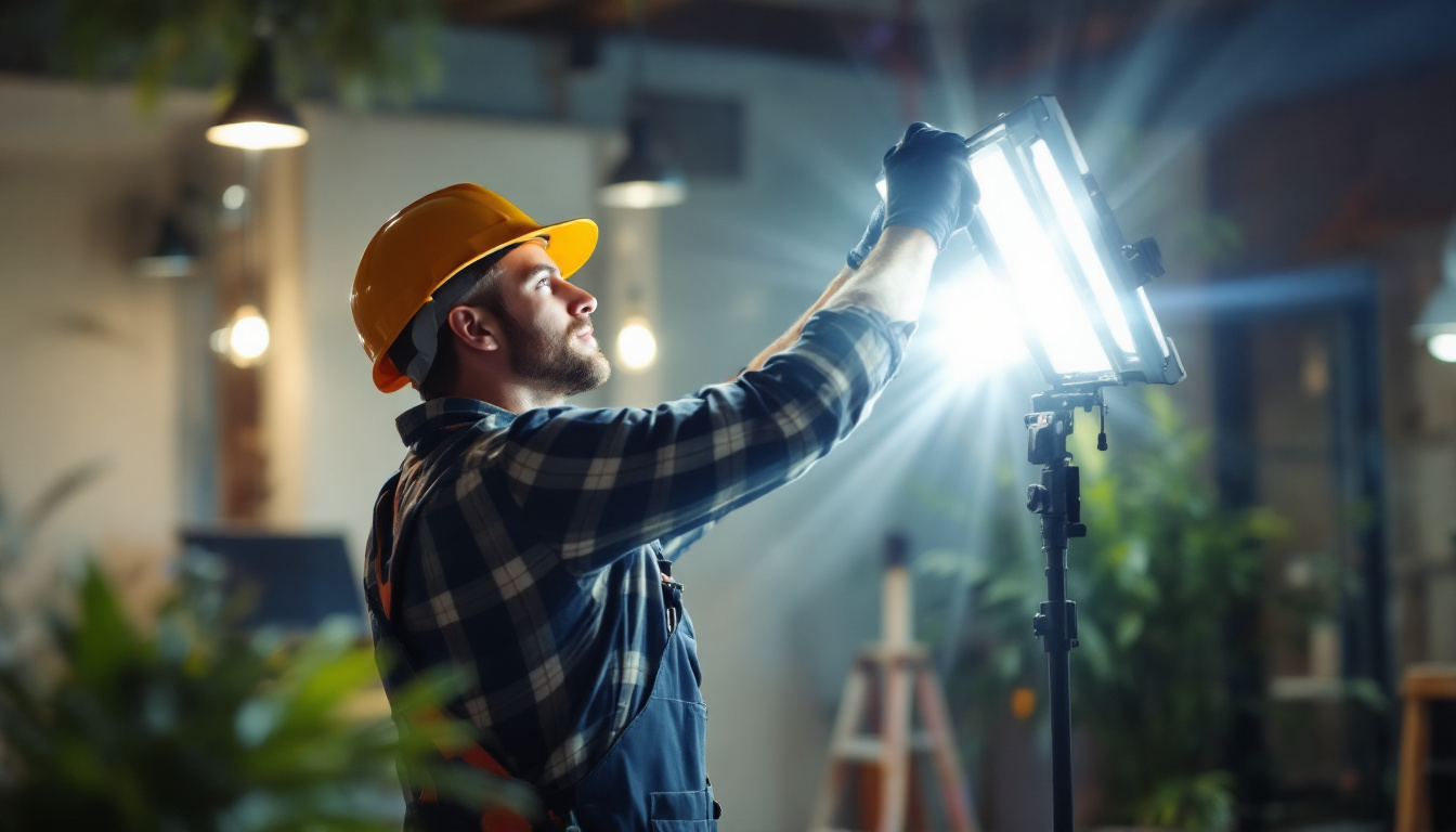 A photograph of a lighting contractor skillfully installing or adjusting various lighting fixtures in a well-lit