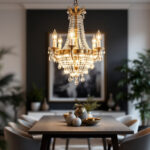 A photograph of a beautifully styled interior space featuring an elegant chandelier