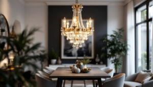 A photograph of a beautifully styled interior space featuring an elegant chandelier
