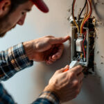 A photograph of a lighting contractor expertly installing a back-to-back electrical box for a switch and receptacle