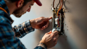 A photograph of a lighting contractor expertly installing a back-to-back electrical box for a switch and receptacle