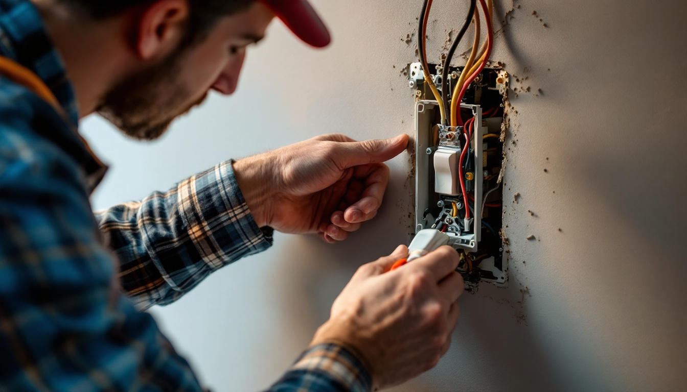 A photograph of a lighting contractor expertly installing a back-to-back electrical box for a switch and receptacle