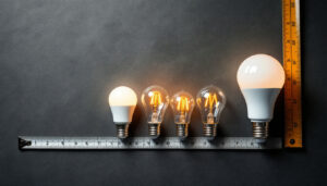 A photograph of a variety of light bulbs with different standard base sizes displayed alongside a measuring tape