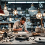 A photograph of a skilled lighting contractor meticulously painting a variety of stylish lighting fixtures in a well-lit workshop