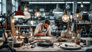 A photograph of a skilled lighting contractor meticulously painting a variety of stylish lighting fixtures in a well-lit workshop