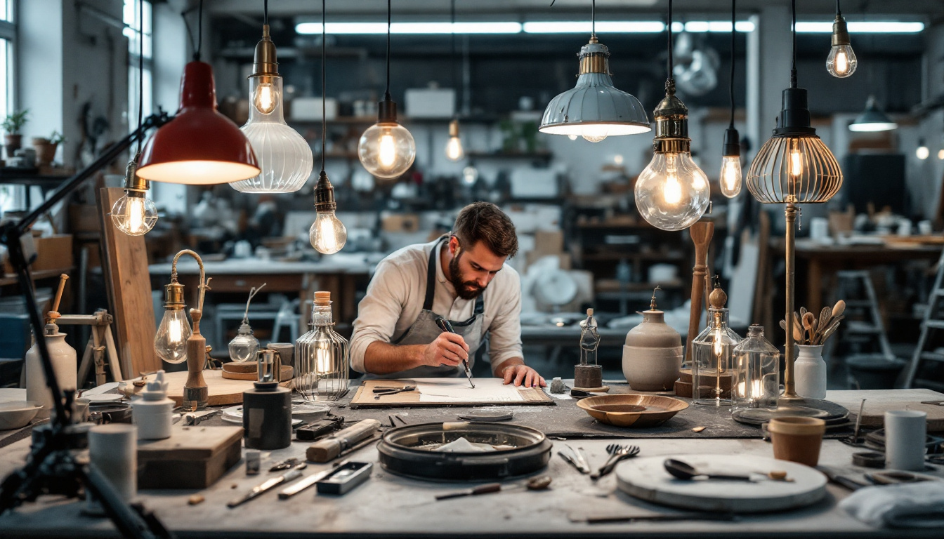 A photograph of a skilled lighting contractor meticulously painting a variety of stylish lighting fixtures in a well-lit workshop