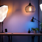 A photograph of a modern lighting setup that showcases a blend of traditional and contemporary light fixtures
