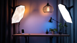 A photograph of a modern lighting setup that showcases a blend of traditional and contemporary light fixtures