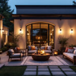 A photograph of a beautifully designed outdoor patio illuminated by stylish exterior lights