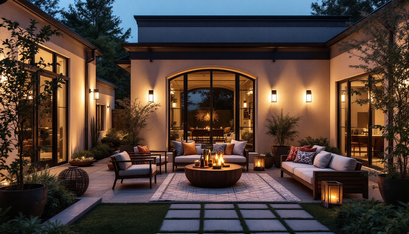 A photograph of a beautifully designed outdoor patio illuminated by stylish exterior lights