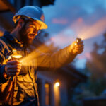 A photograph of a lighting contractor installing or adjusting outdoor flood lights in a residential or commercial setting during twilight