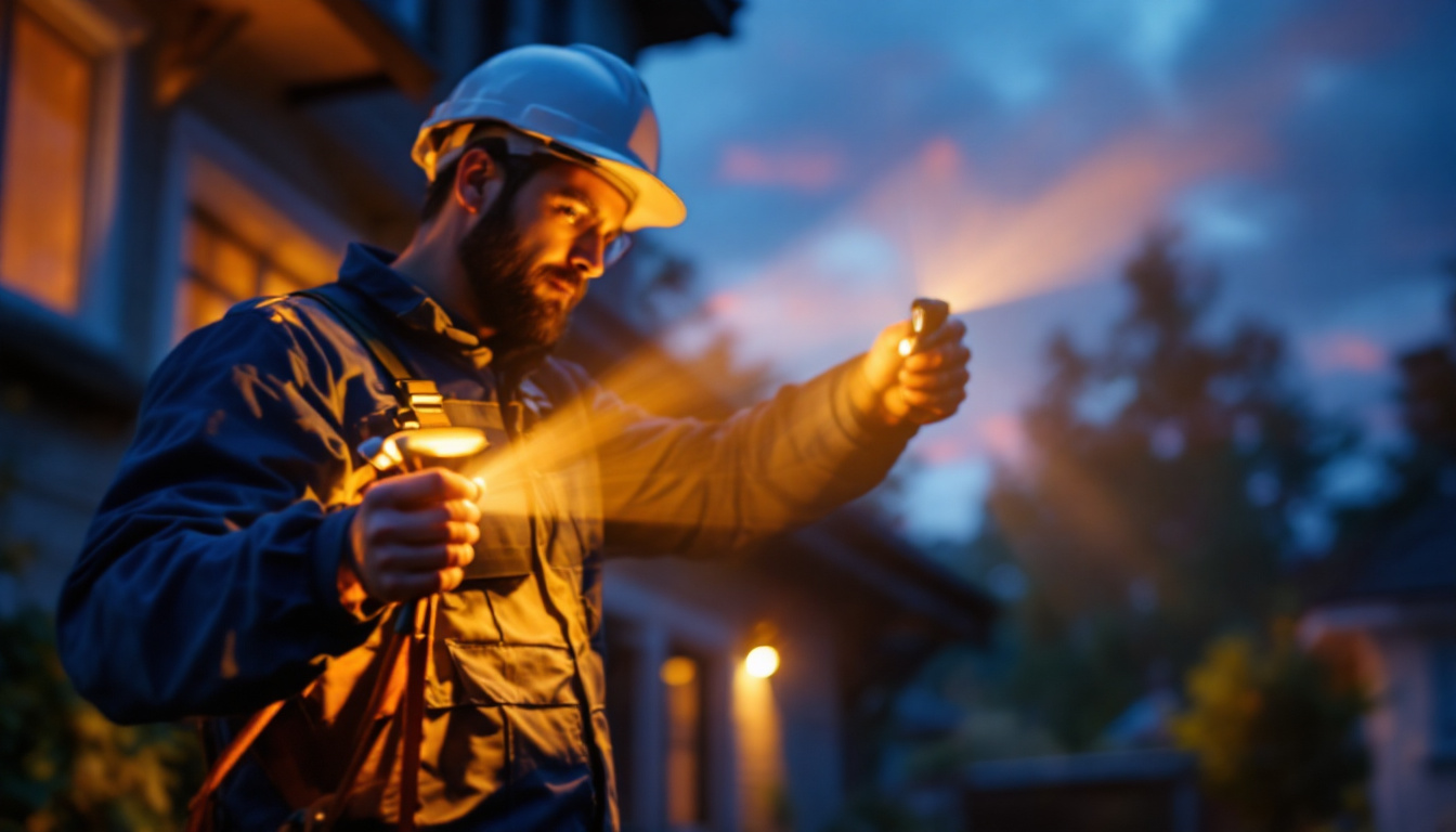 A photograph of a lighting contractor installing or adjusting outdoor flood lights in a residential or commercial setting during twilight