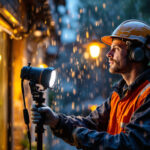 A photograph of a lighting contractor inspecting or installing ip65-rated fixtures in an outdoor setting