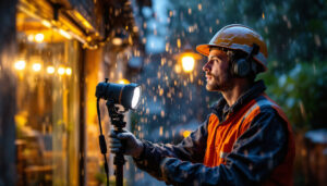 A photograph of a lighting contractor inspecting or installing ip65-rated fixtures in an outdoor setting