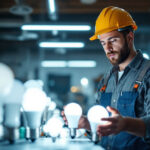 A photograph of a lighting contractor examining a variety of fluorescent light bulb sizes in a well-lit workshop