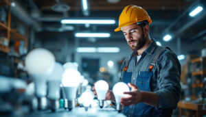 A photograph of a lighting contractor examining a variety of fluorescent light bulb sizes in a well-lit workshop