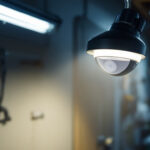 A photograph of a well-lit garage interior featuring a motion sensor light in action