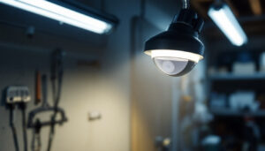 A photograph of a well-lit garage interior featuring a motion sensor light in action