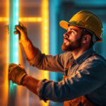 A photograph of a lighting contractor installing or showcasing vibrant led strip lights in a modern interior space
