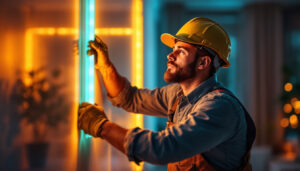 A photograph of a lighting contractor installing or showcasing vibrant led strip lights in a modern interior space